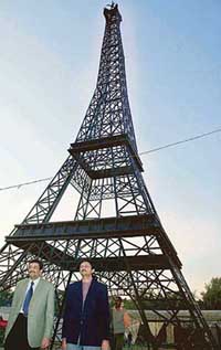Home Secretary Krishan Bhanu (left) and Vivek Attray stand near a replica of the Eiffel Tower installed at Leisure Valley in Sector 10 for Chandigarh Carnival. The tower is 56 feet in height. 