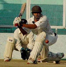 Pankaj Dharmani of Punjab plays a shot on the third day of the Ranji Trophy match against Services at the PCA Stadium in Mohali on Friday