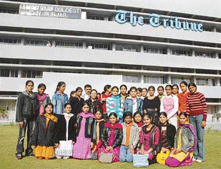 Students of Hindu Kanya College, Kapurthala, who paid a visit to The Tribune office in Chandigarh