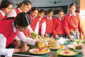 Students of New Senior Secondary School with their preparations during a salad-making competition in Ludhiana