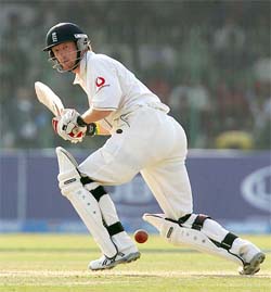 Englands Paul Collingwood plays a shot on the first day of the third Test against Pakistan in Lahore