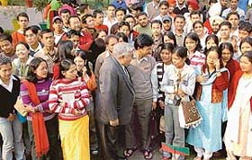 Dr A.C. Vaid, Principal, GGDSD College, Sector 32, Chandigarh, interacts with NSS volunteers from Manipur on the college campus