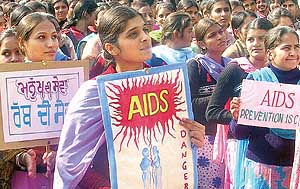 Students of Government College take part in an AIDS awareness rally in Mohali on Thursday.