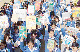 Students of The Gurukul, Panchkula, take out a rally to mark the World Reading Day 