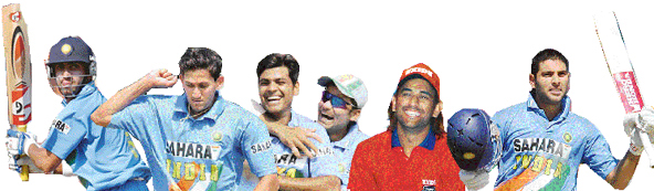Gautam Gambhir, Ajit Agarkar, R.P. Singh, Mohammad Kaif, Mahendra Singh Dhoni and Yuvraj Singh
