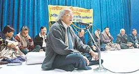 Poets participate in an all-India kavi sammelan organised by the Chandigarh Sahitya Akademi at DAV College in Chandigarh