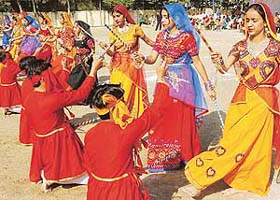 Students of Guru Harkrishan Public School, Sector 40, Chandigarh, perform dandiya during their annual sports and cultural meet in Chandigarh