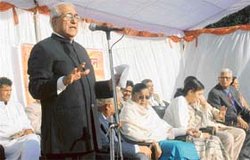 Parshotam Mahajan, Vice-President, BJP Chandigarh, speaking at the BJP sammelan organised at its Chandigarh office in Sector 33