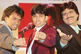Sunil Pal, Deepak Raja and Ehsan Qureshi of the Great Indian Laughter Challenge fame perform during the Mega-Shopping Festival in Sector 22-D, Chandigarh