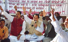 Activists of Akhil Bhartiya Bhumihar Brahmin Samaj demonstrating against the killing of seven persons, including BJP MLA Krishnanad Rai, at Jantar Mantar in the Capital