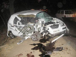 Mangled remains of the car which was involved in an accident on the Malerkotla-Ludhiana road near Ahmedgarh on Saturday