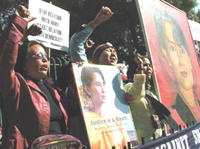 Burmese women under the banner of All Burma Democratic Forces in India demonstrating against SHAM National Convention on December 5 and demanding immediate release of Aung San Suu Kyi at Jantar Mantar in the Capital on Monday.