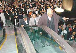 Legal luminaries and other officials of the Punjab and Haryana High Court on the escalator inaugurated on the court premises in Chandigarh on Tuesday. 