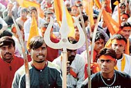 Activists of the VHP take out a rally in Chandigarh on Tuesday.