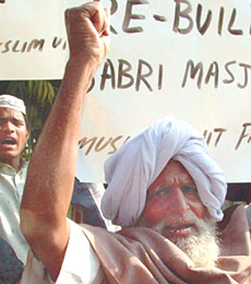 Protestors demanding the rebuilding of the Babri Masjid on the 13th anniversary of its demolition at Jantar Mantar in the Capital on Tuesday.