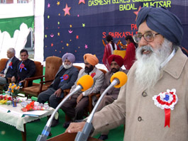 SAD president Parkash Singh Badal addresses a seminar on globalisation at Dashmesh Girls College of Education in Badal on Tuesday.
