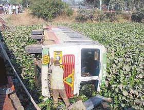 A PRTC bus that had fallen in a drain on the Malerkotla-Ludhiana road near Ahmedgarh on Tuesday night