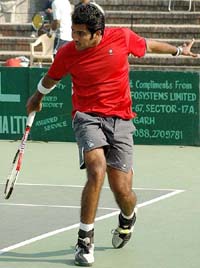 Aisam Qureshi of Pakistan in action at the ITF Futures tennis tournament in Chandigarh on Wednesday
