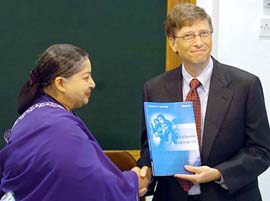 Microsoft Chairman Bill Gates and Chief Minister of Tamil Nadu J. Jayalalithaa release a handbook on Using information technology in learning in Chennai on Friday.