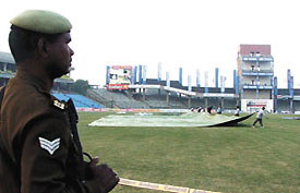A policeman keeping vigil at Ferozeshah Kotla ground where the second Test match between India and Sri Lanka begins on Saturday