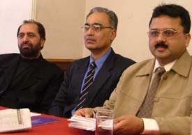 Dr G.S. Bajwa, president, Punjab Ophthalmological Society, flanked by Dr Rajinder Singh and Dr Deepak Gupta, both organising secretaries, addresses a news conference in Ludhiana on Friday