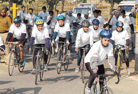 Cyclists participate in a rally on Friday on the eve of the 25th BSA Asian Cycling Championship in Ludhiana