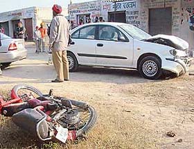The damaged car of the Pakistan High Commission that was involved in an accident at Gharinda, a few kilometres from the Wagah border