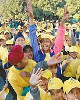 Children in a jovial mood after taking part in a walkathon organised at Rose Garden, Sector 16, Chandigarh