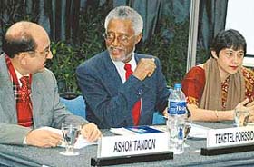 The Ambassador of the Federal Democratic Republic of Ethiopia, Dr Teketel Forssido, flanked by Mr Ashok Tandon, while addressing members of the CII at Chandigarh