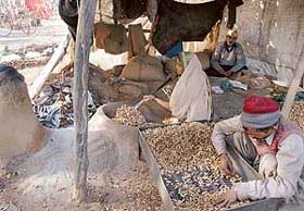 A family roasting peanuts in a homemade clay oven in the walled city