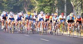 Cyclists in action during a road race on Monday, the second day of the 25th BSA Asian Cycling Championship, being held at Doraha, near Ludhiana