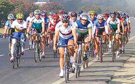 A road race in progress during the second day of the 25th BSA Asian Cycling Championship on the Doraha-Khanna stretch 