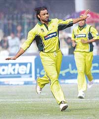 Pakistans Shoaib Akhtar celebrates after taking the wicket of Englands Ian Blackwell during the second one-day international match in Lahore on Monday