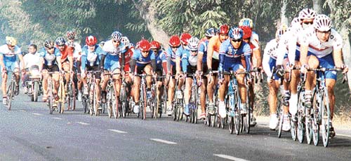 Cyclists in action during a road race on the third day of the Asian Cycling Championship at Doraha, near Ludhiana