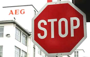 A traffic Stop sign is pictured in front of the plant of the German brand of Swedish appliance-maker Electrolux AEG in Nuremberg on Wednesday