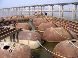 A pantoon bridge being readied as part of the preparations for the Magh Mela at Sangam in Allahabad