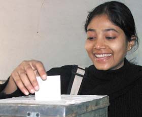 A student of Jamia Millia Islamia casting her vote during the university elections, which were held after eight years, in the Capital