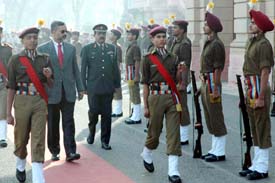 Punjab Principal Secretary (Irrigation) Gurinderjit Singh Sandhu inspects the Guard of Honour along with the Sainik School principal during the schools Annual Day function in Kapurthala on Thursday.