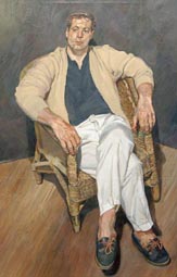 A painting by Lucien Freud entitled, Man in a String Chair, is displayed at Christies auctioneers in central London on Friday.