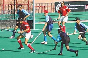 GMHS-42 and GMSSS-35 teams clash in the final of the Junior PHL Hockey Tournament played at Sector 42 Hockey Stadium