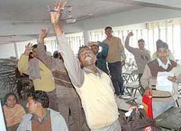 Candidates who came to appear in a written test for selection to the post of special teacher conducted by the Haryana Prathmik Shiksha Pariyojna Parishad protesting after boycotting the written exam in Chandigarh