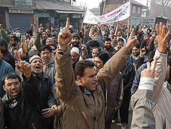 Members of the Employees Joint Action Committee hold a protest rally outside Division Commissioners office to get their demands fulfilled. All offices were closed due to this strike in Srinagar on Saturday