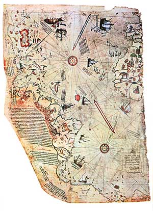 Fragment of the world map drawn by Piri Reis of Turkey, dated 1513 AD