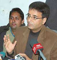 Mr Randeep Singh Surjewala addresses a press conference at Haryana Pradesh Congress office, Chandigarh, on Sunday.