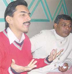 Mr Vineet Joshi, member, National Executive, BJP youth wing, and in charge of the party’s Organisational Affairs in J&K, addresses mediapersons with Mr Kushwant Rai Gigga, state president, Panchayati Raj Cell, BJP, Punjab, in Mohali
