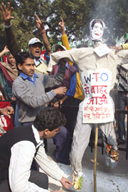 Activists from the CPI-ML, New Democracy wing, burn an effigy of the World Trade Organisation (WTO) and raise slogans during a demonstration in New Delhi on Monday. 