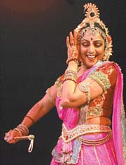Bollywood actress and Member of Parliament Hema Malini during a dance drama performance on "Radha Krishna" organised by the Shri Hari Satsang Samiti in New Delhi on Monday night. 