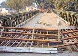 The damaged Bailey bridge over the UBDC, near Tibri village, on the Mukerian-Gurdaspur road