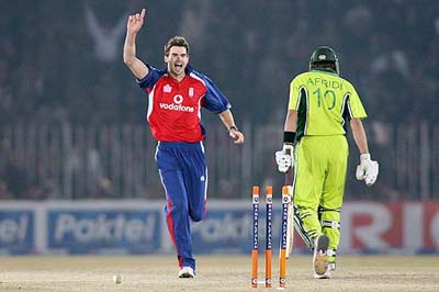 Englands James Anderson celebrates after dismissing Pakistans Shahid Afridi during the fifth ODI in Rawalpindi on Wednesday