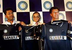BCCI Vice-President Lalit Modi, Secretary Niranjan Shah and Chairman of Selectors Kiran More unveil Indian cricket teams outfit made by sports goods manufacturer Nike in Mumbai on Friday